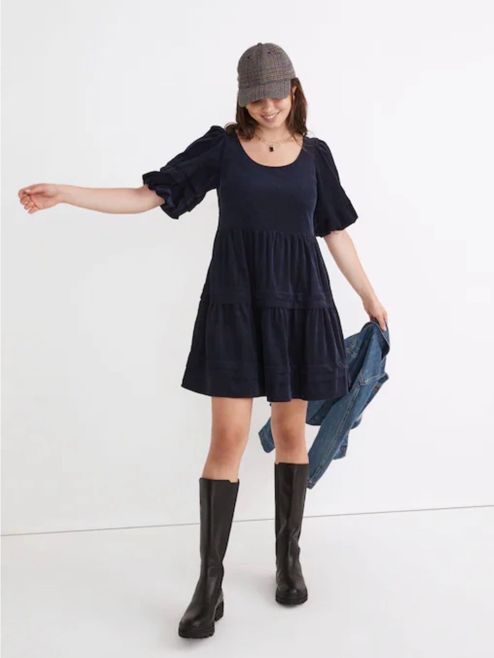 NWT Madewell Corduroy Tiered Mini Dress In Deep Indigo